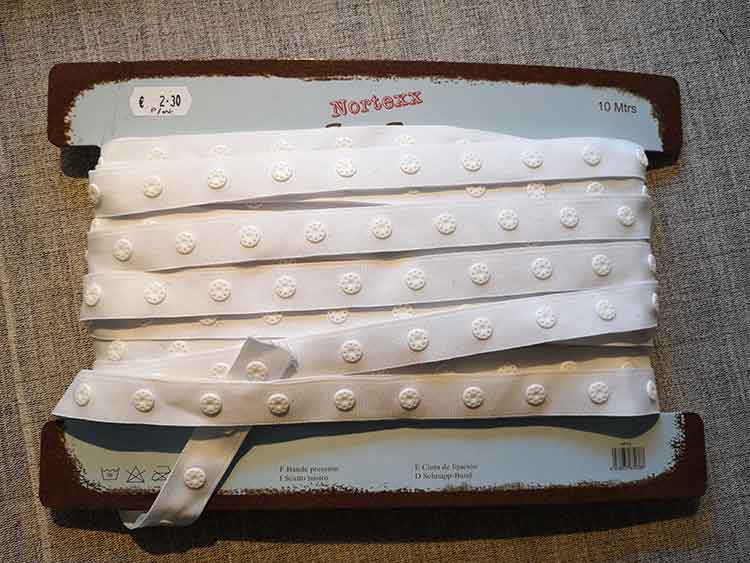 Snap fastener tape, 10mm snaps on 18mm tape, white Sew Irish