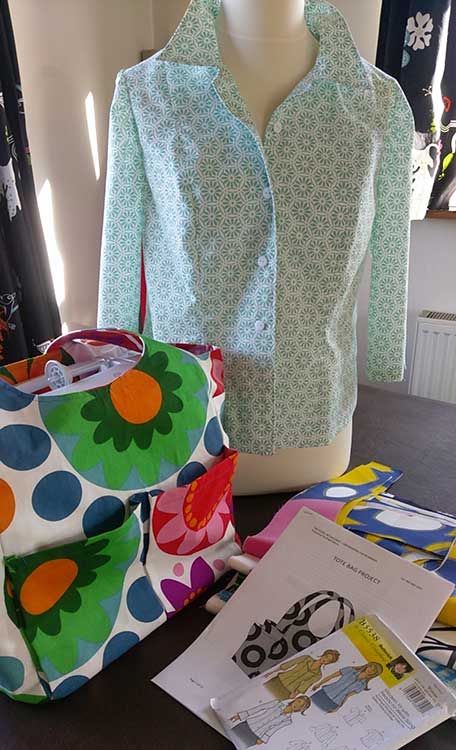 My make of Butterick shirt pattern, B5538, one of the beginner course pattern choices, with a completed tote bag.