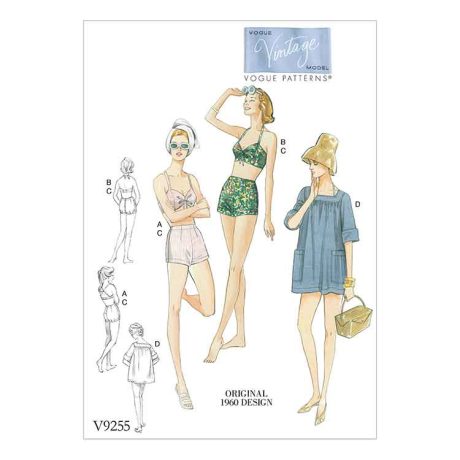 V9255 Misses' Lined Halter Bra and Shorts, and Square-Neck Coverup with Pockets
