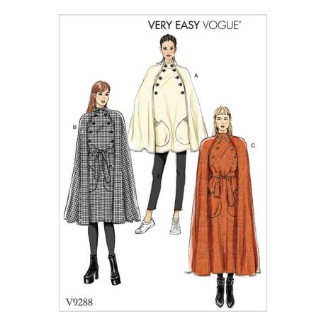 V9288 Misses' Cape with Stand Collar, Pockets, and Belt