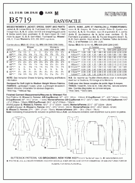 B5719 Misses'/Women's Jacket, Dress, Skirt and Pants