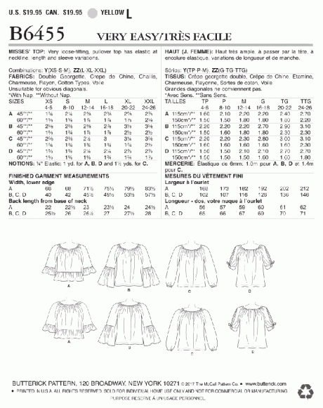 B6455 Misses' Gathered, Raglan Sleeve Tops