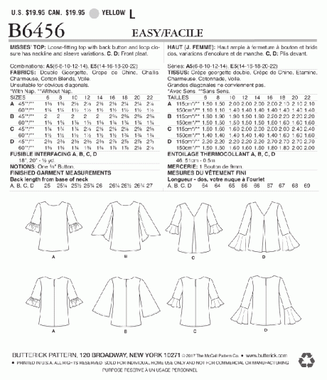 B6456 Misses' Tulip or Ruffle Sleeve Tops