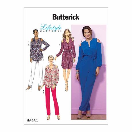 B6462 Misses' Cold-Shoulder Top, Tunic, Dress and Jumpsuit with Sash, and Pull-On Pants