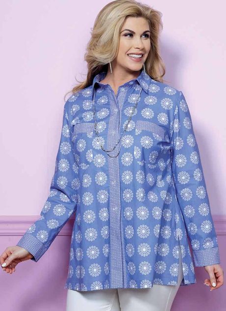 B6465 Misses'/Women's Button-Down Shirt with Side Slits and Bust Pockets