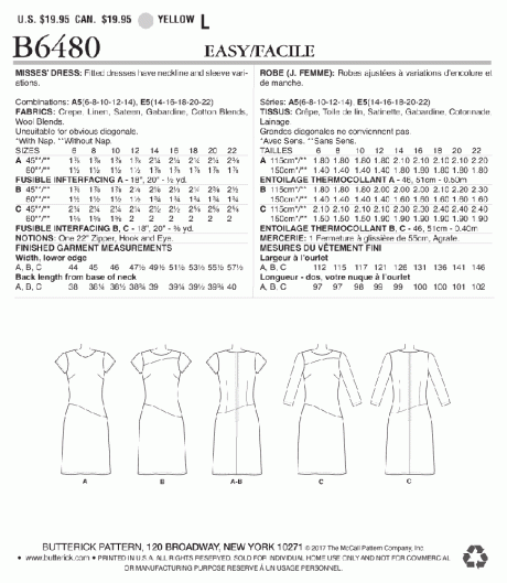 B6480 Misses' Fitted Dresses with Hip Detail, Neck and Sleeve Variations