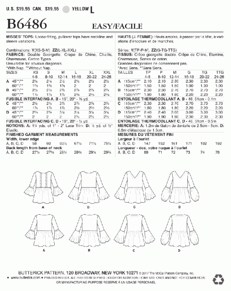 B6486 Misses' Loose-Fitting, Gathered Waist Pullover Tops with Bell Sleeves