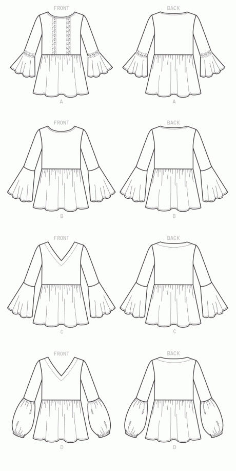 B6486 Misses' Loose-Fitting, Gathered Waist Pullover Tops with Bell Sleeves