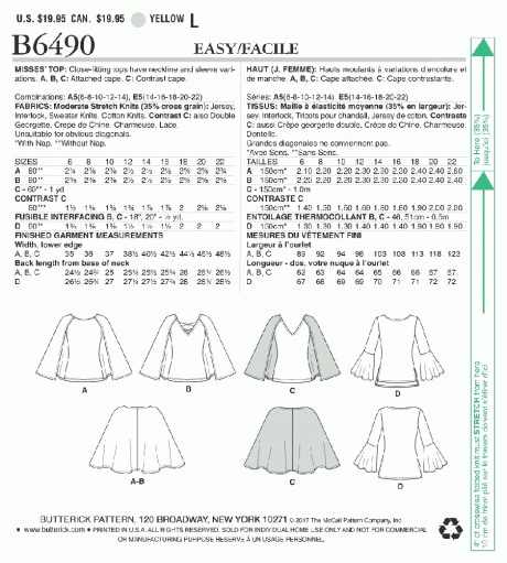 B6490 Misses' Tops with Attached Cape and Sleeve Variations