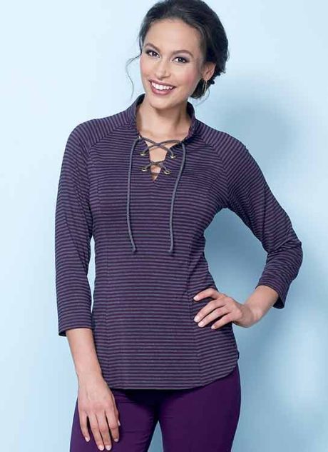 B6494 Misses' Knit Raglan Sleeve Tops and Dress, Vest, and Pull-On Pants