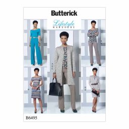 B6495 Misses' Knit Off-the-Shoulder Top, Dress and Jumpsuit, Loose Jacket, and Pull-On Pants