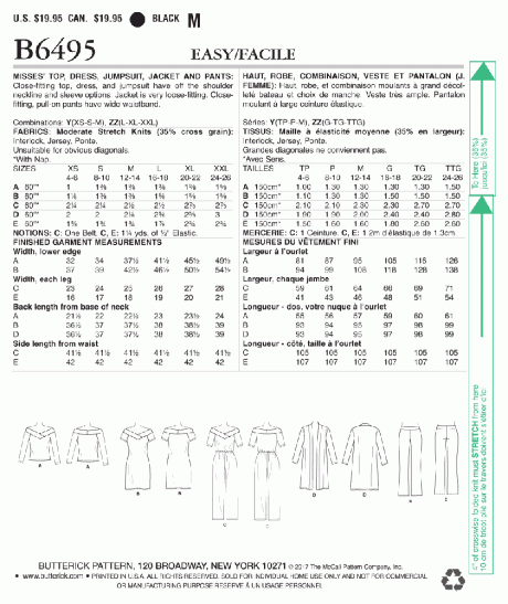 B6495 Misses' Knit Off-the-Shoulder Top, Dress and Jumpsuit, Loose Jacket, and Pull-On Pants