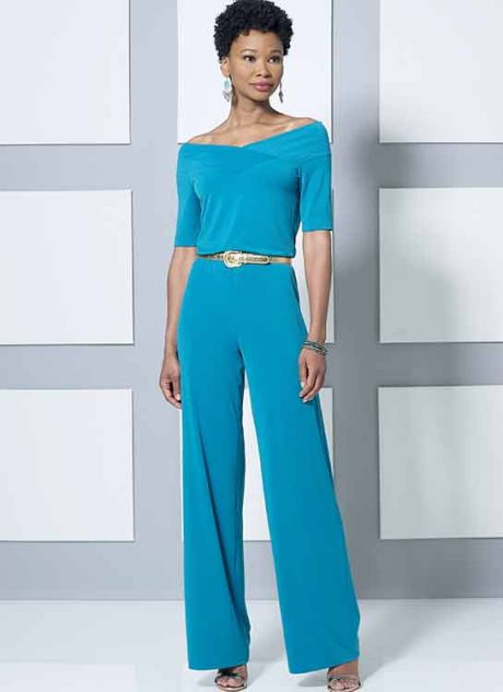 B6495 Misses' Knit Off-the-Shoulder Top, Dress and Jumpsuit, Loose Jacket, and Pull-On Pants