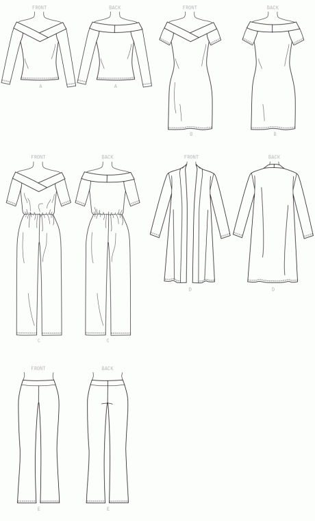 B6495 Misses' Knit Off-the-Shoulder Top, Dress and Jumpsuit, Loose Jacket, and Pull-On Pants