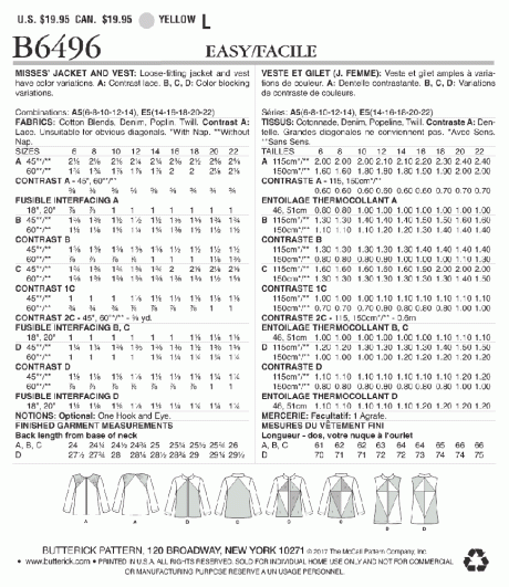 B6496 Misses' Jackets and Vests with Contrast and Seam Variations