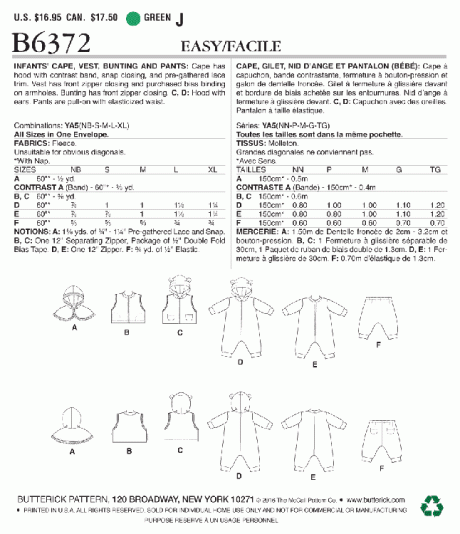 B6372 Infants' cape, vest, bunting and pants