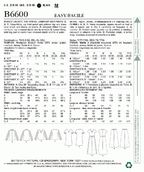 B6600 Misses' Jacket, Top, Dress, Jumpsuit and Pants