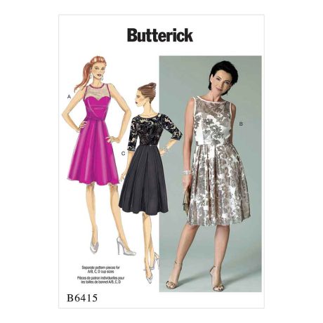 B6415 Misses' Sweetheart-Neckline, Pleated-Skirt Dresses
