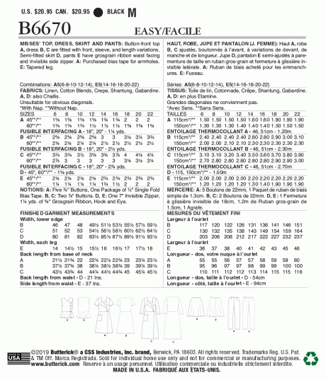 B6670 Misses' Top, Dress, Skirt and Pants