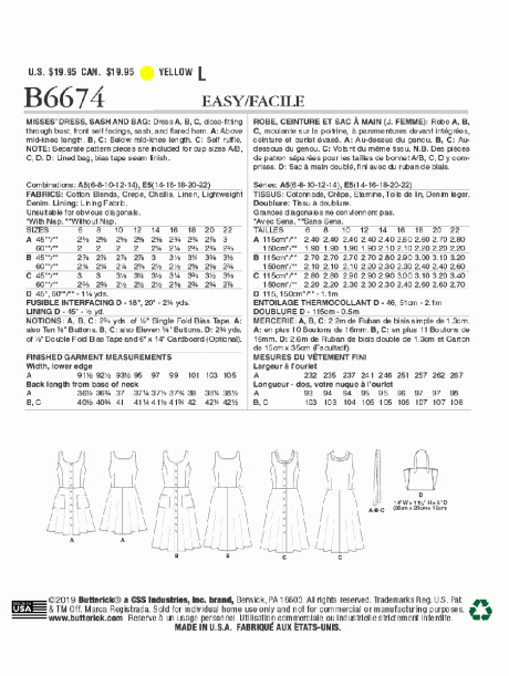 B6674 Misses' Dress, Sash and Bag