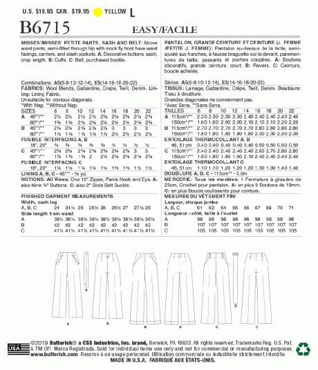 B6715 Misses'/Misses' Petite Pants, Sash & Belt