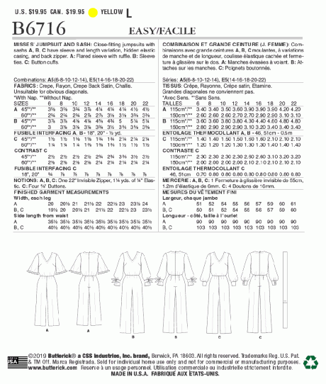 B6716 Misses' Jumpsuit & Sash