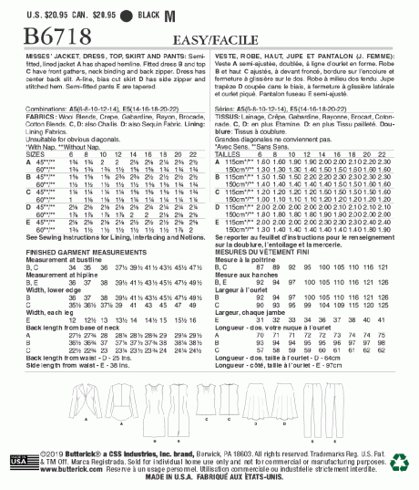 B6718 Misses' Jacket, Dress, Top, Skirt, & Pants