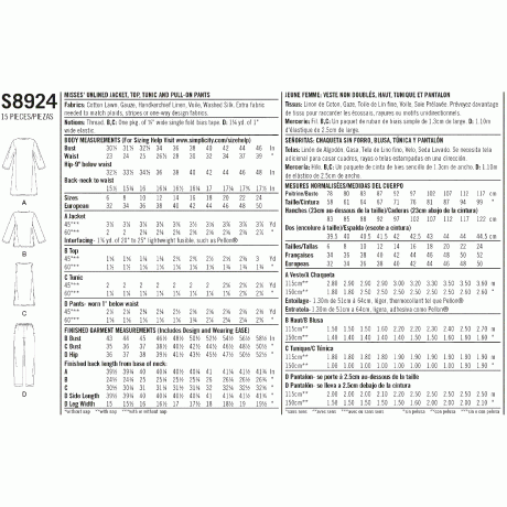 S8924 Misses' Jacket, Top, Tunic, and Pull-On Pants