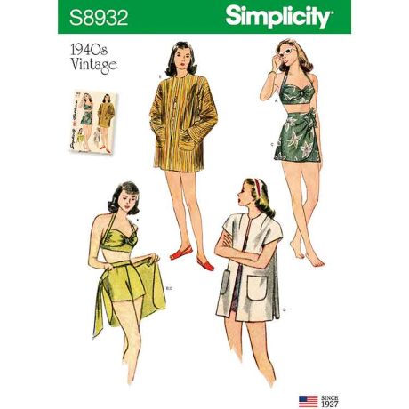 S8932 Misses' Vintage Bikini Top, Shorts, Wrap, Skirt and Coat