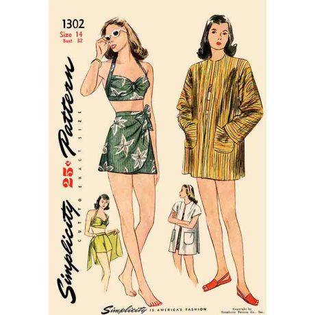 S8932 Misses' Vintage Bikini Top, Shorts, Wrap, Skirt and Coat