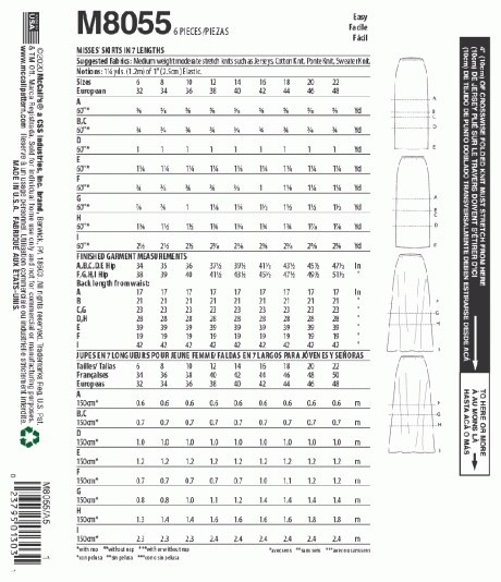 M8055 Misses' Straight or A-line Skirts In 7 Lengths