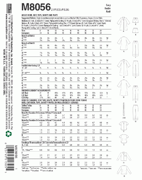 M8056 Misses' Robe, Belt, Tops, Shorts and Pants