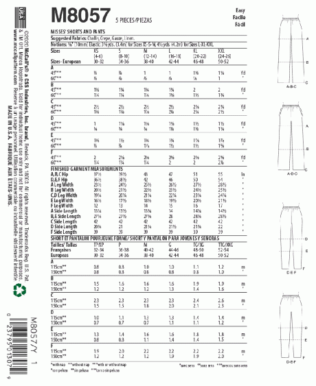 M8057 Misses' Elastic-Waist Shorts and Pants