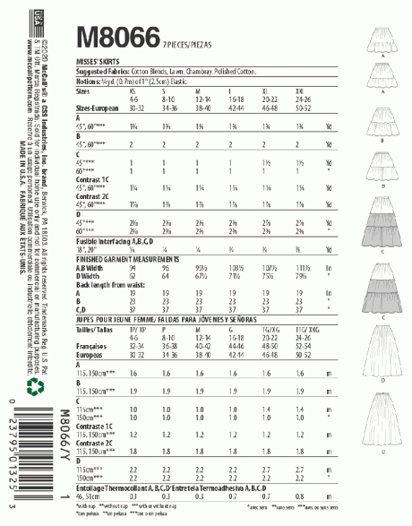 M8066 Misses' Pull-On Gathered Skirts with Tier and Length Variations