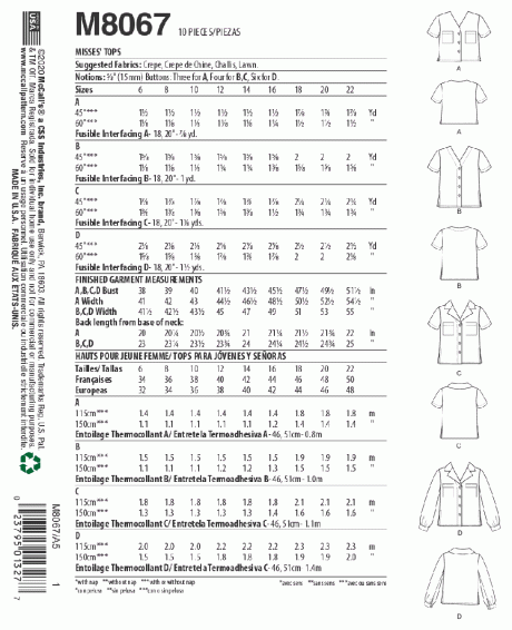 M8067 Misses' Button-Front Tops with Collar and Sleeve Options