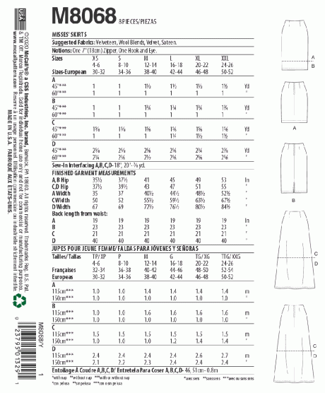 M8068 Misses' Skirts in Three Lengths