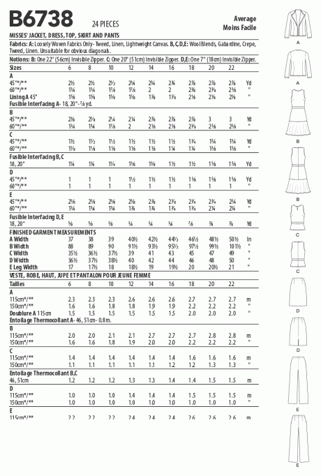 B6738 Misses' Jacket, Dress, Top, Skirt & Pants