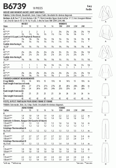 B6739 Misses' Jacket, Dress, Top, Skirt & Pants