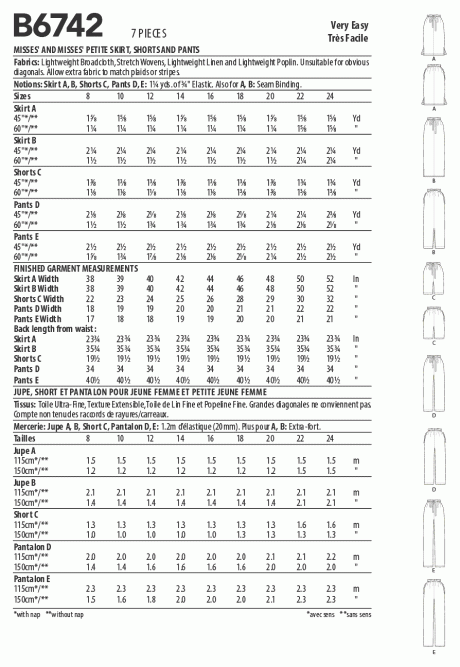 B6742 Misses'/Misses' Petite Elastic-Waist Skirts, Shorts and Pants