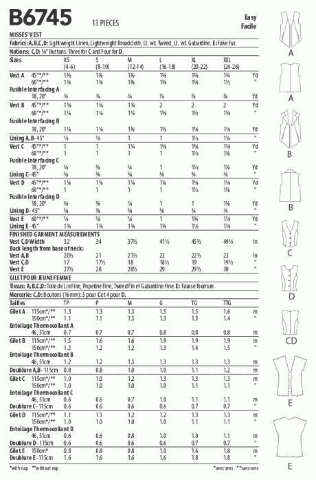 B6745 Misses' Vests in Five Styles