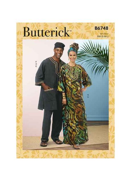 B6748 Misses'/Men's Tunic, Caftan, Pants, Hat and Head Wrap