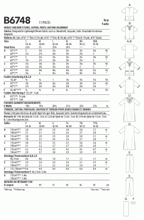 B6748 Misses'/Men's Tunic, Caftan, Pants, Hat and Head Wrap