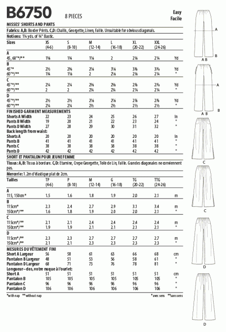 B6750 Misses' Elastic-Waist Shorts and Pants