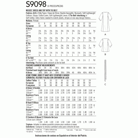 S9098 Misses' Dress & Top With Tie Belt