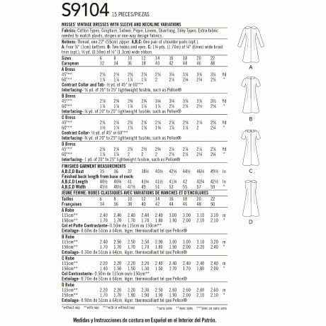 S9104 Misses' Vintage Dresses With Sleeve & Neckline Variation