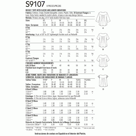 S9107 Misses' Tops With Sleeve & Length Variation