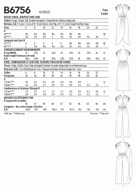 B6756 MISSES' DRESS, JUMPSUIT & SASH