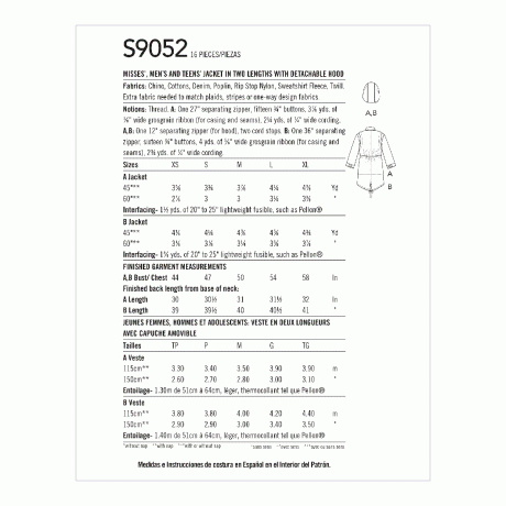 S9052 Misses' Mens & Teen's Jacket & Hood