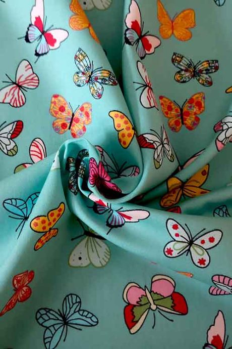 Rose & Hubble 100% cotton poplin, "Butterfly Garden" (mint)