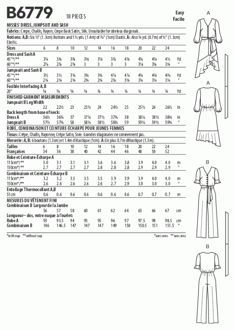 Butterick B6779 Misses' Dress, Jumpsuit & Sash